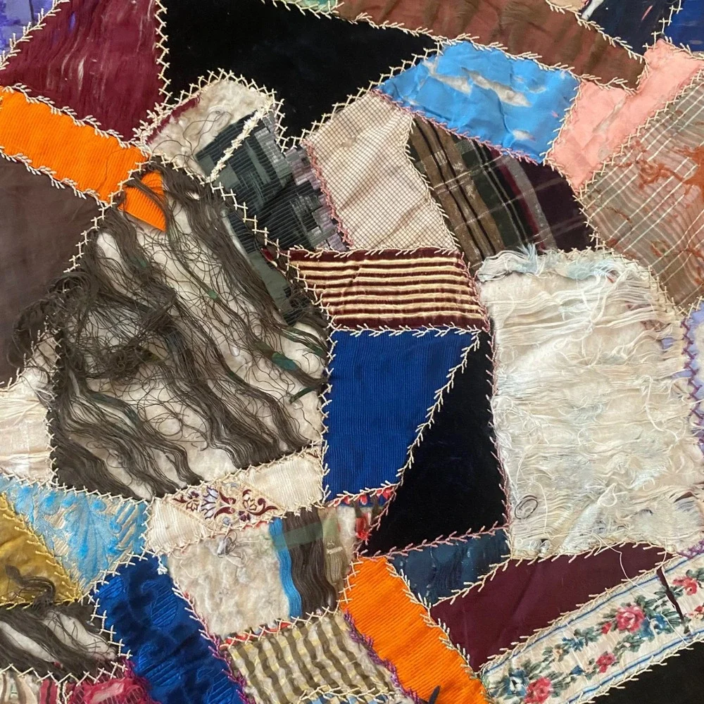 Antique Victorian Crazy Quilt Hand Embroidered Silk Velvet Patchwork Red Damaged